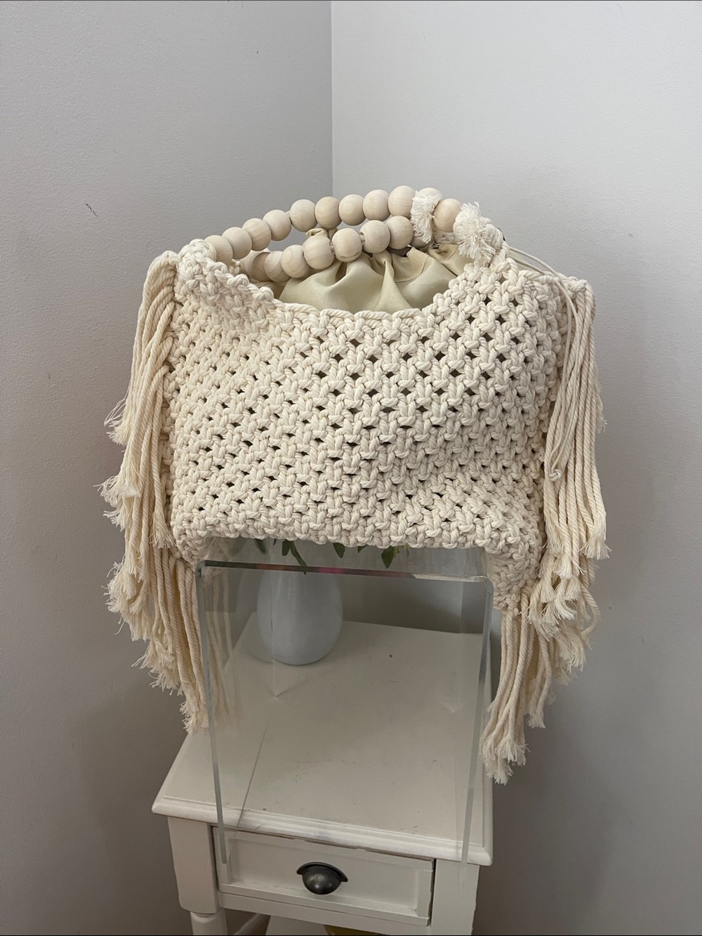 Boho Macramé Fringe Tote Bag in Cream
